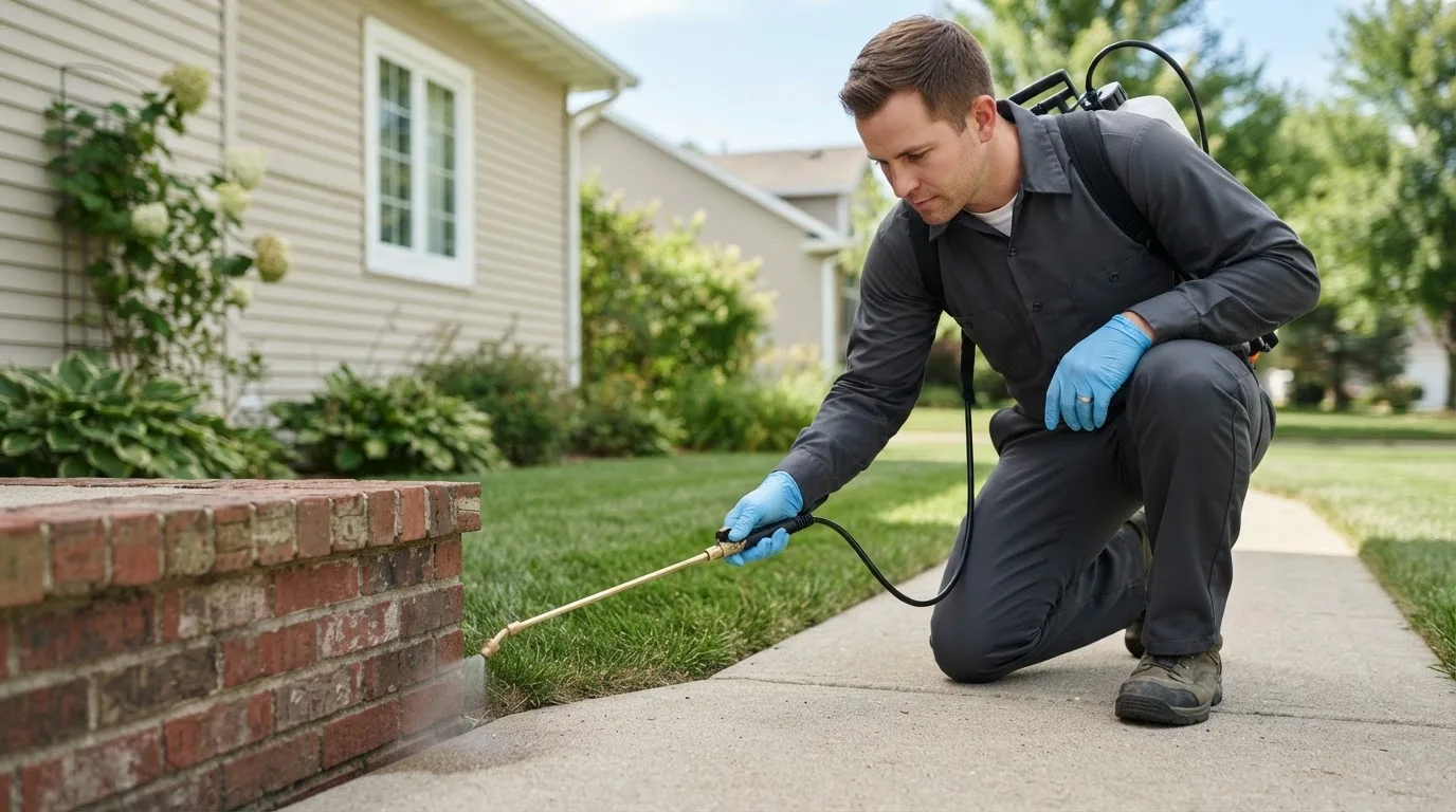 Pest control technician treating a home near Abie, NE