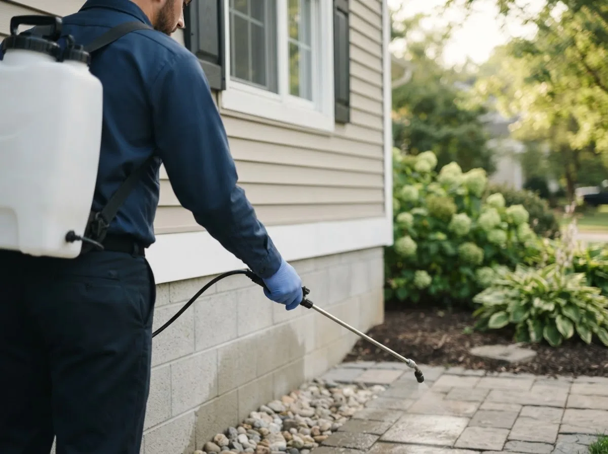 Pest control technician inspecting a home in Abie, NE